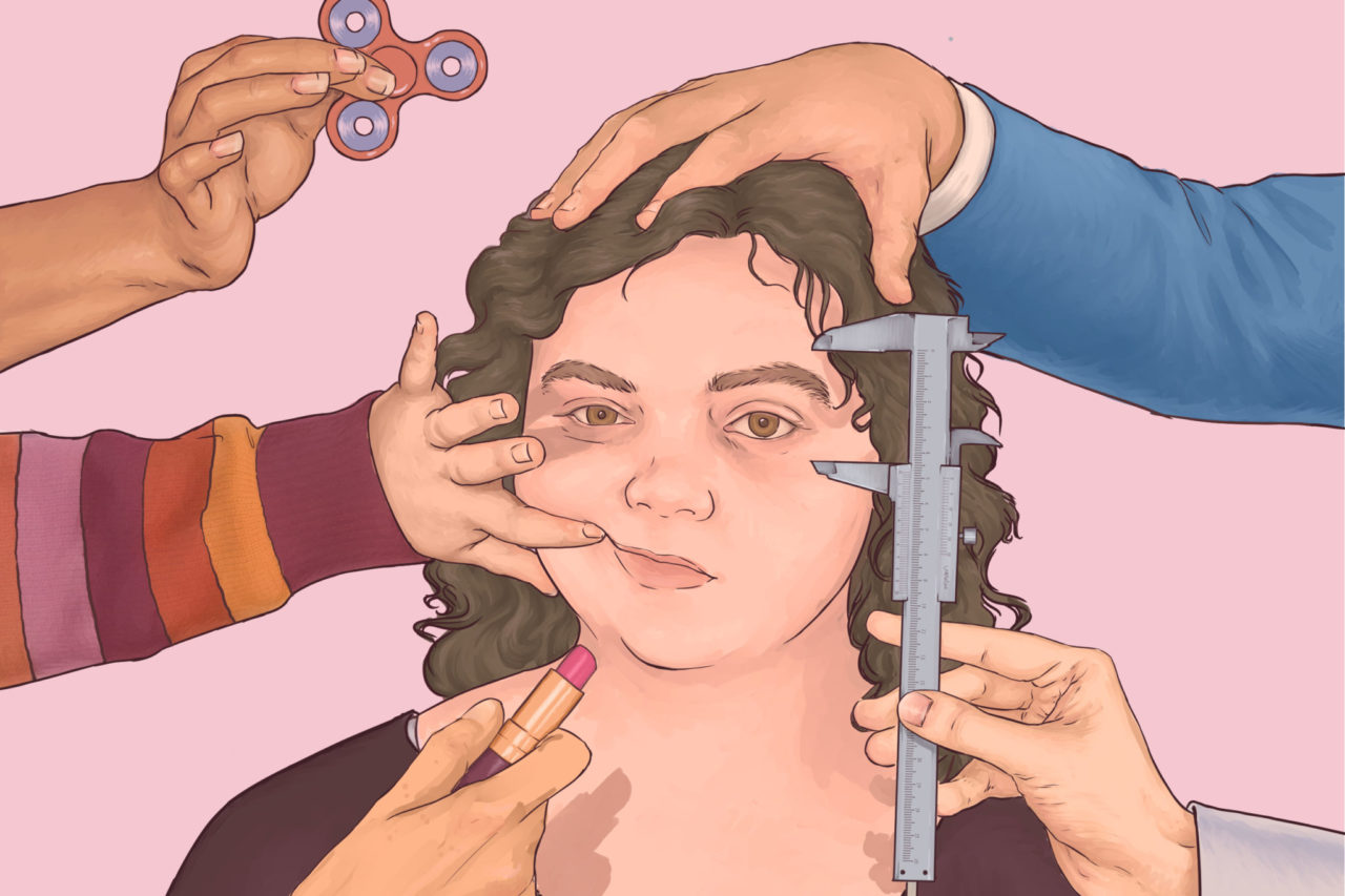 an illustration of a face with hands poking in from outside the frame poking and prodding