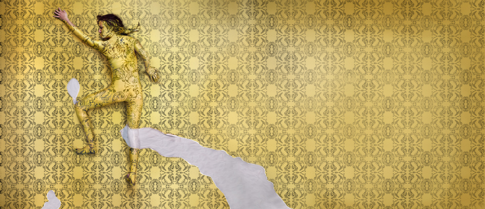 A woman painted into yellow wallpaper