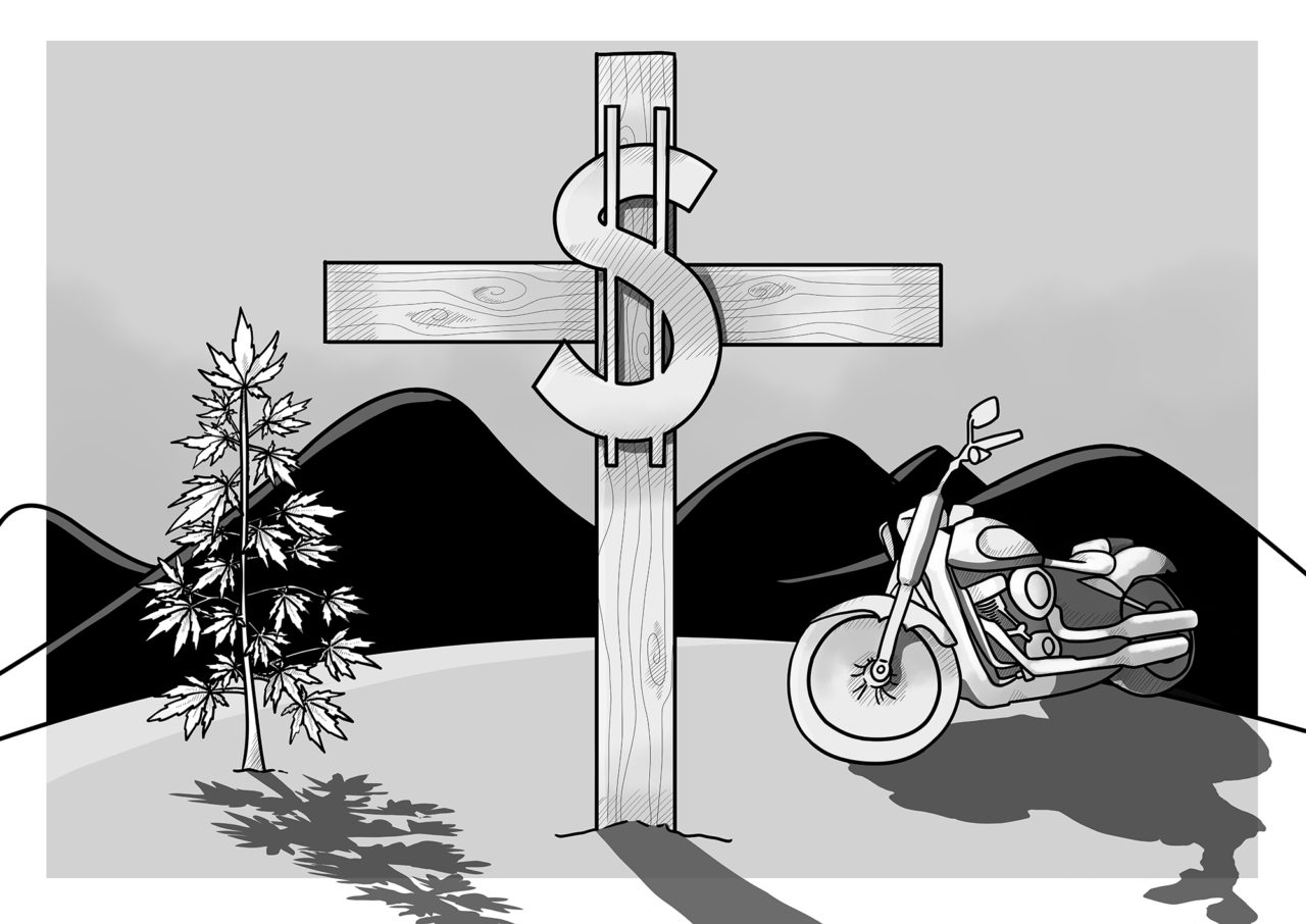 Illustration of marijuana, a crucifies with a dollar sign on it and a motorbike with hills in the background
