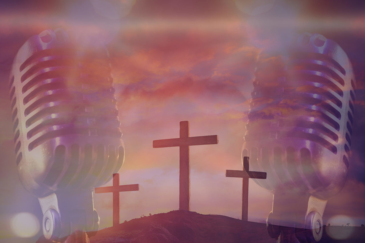 Three Crosses in the background of two vintage microphones