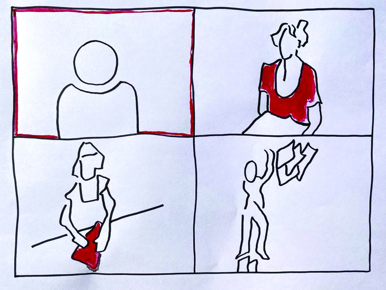 A white red and black hand drawn interpretation of a zoom screen