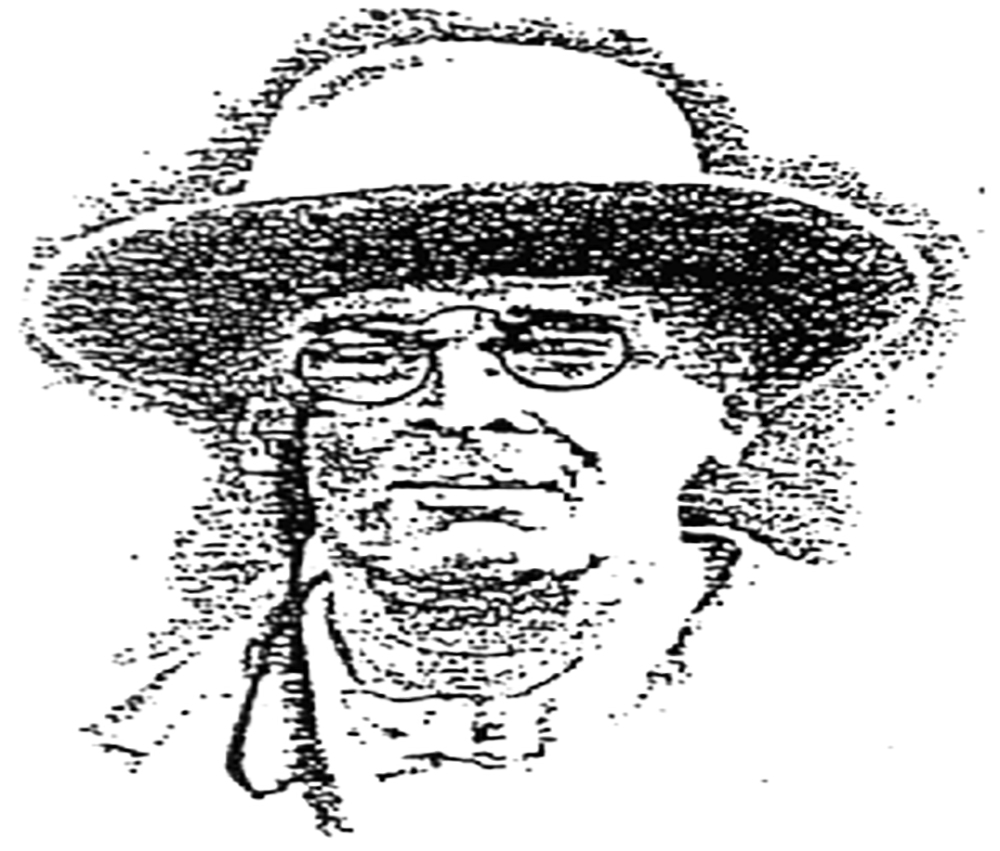 A black and white etching of a man with glasses and a broad brim hat