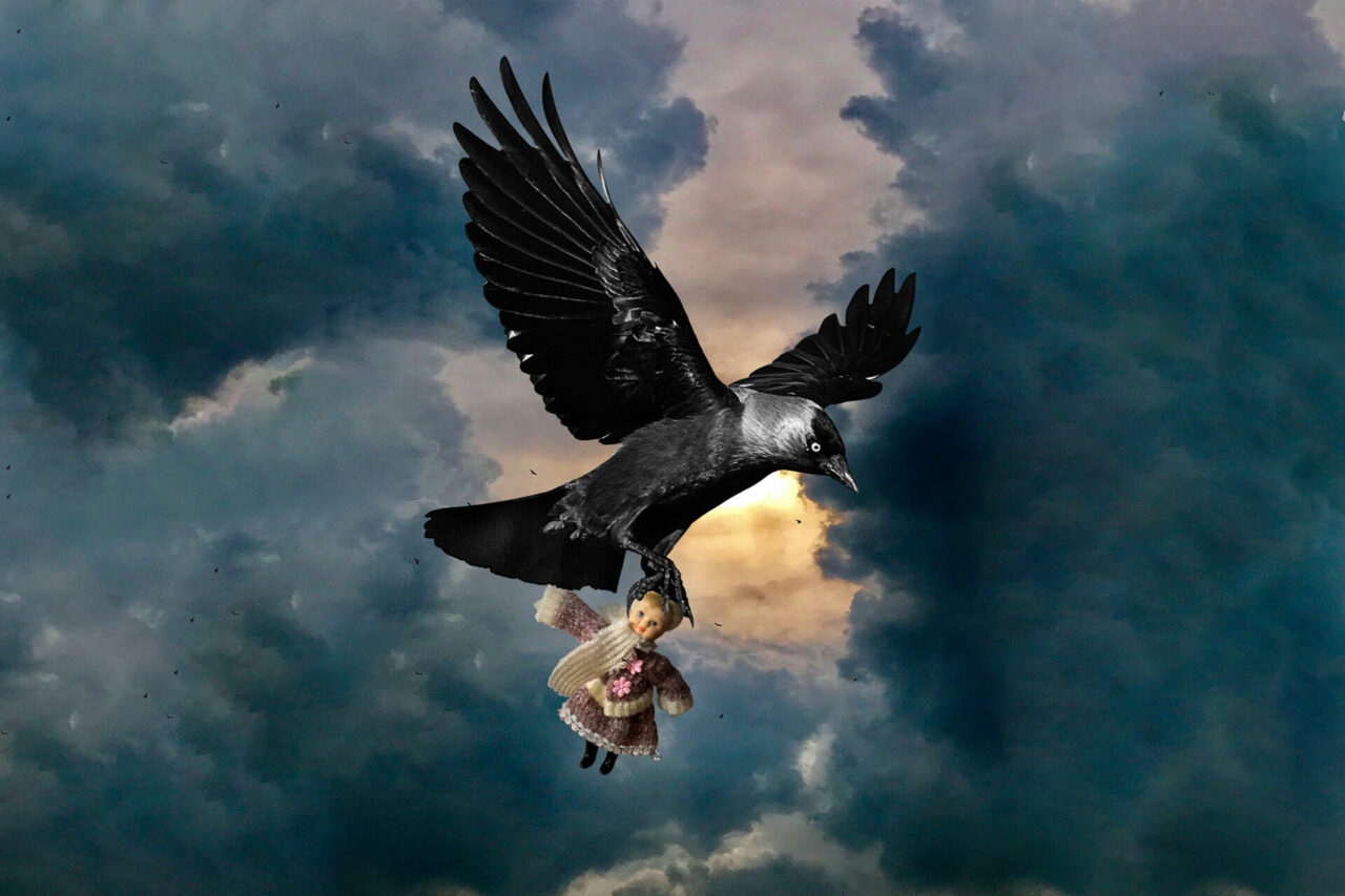 A crow flying through a storm with a child’s doll in its claw.