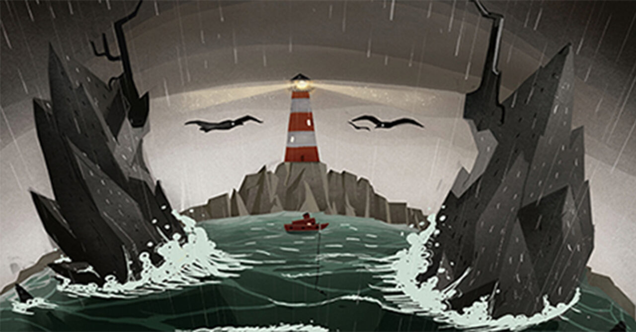 A poster shows a face with seagulls for eyes, rocks for hair around its face, a lighthouse for its nose, and light streaming out from the lighthouse.
