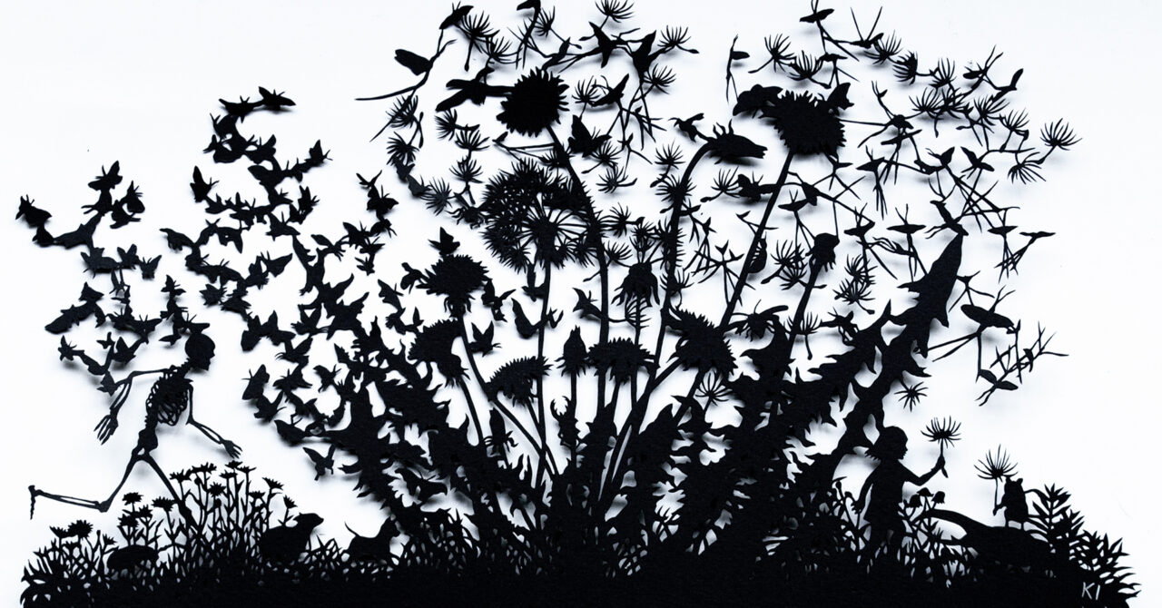 A papercut silhouette image of a dandelion with its fluffs flying with insects like butterflies and mayflies.