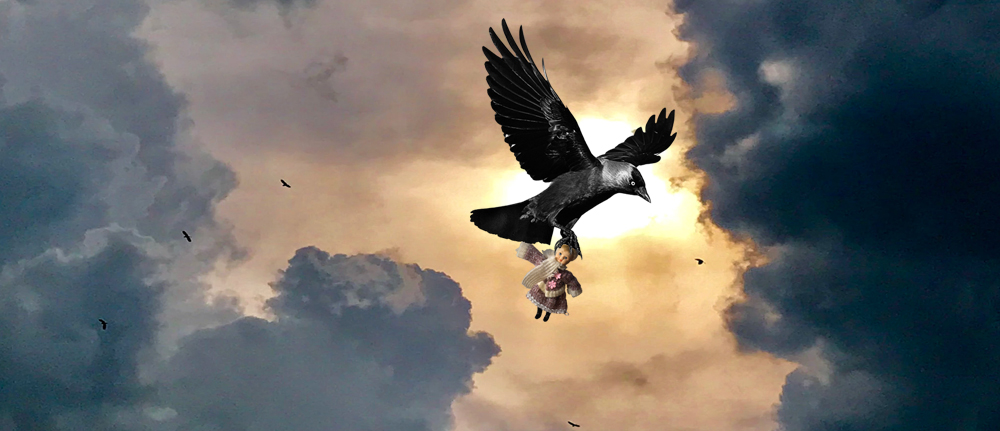 A crow flying through a storm with a child’s doll in its claw.
