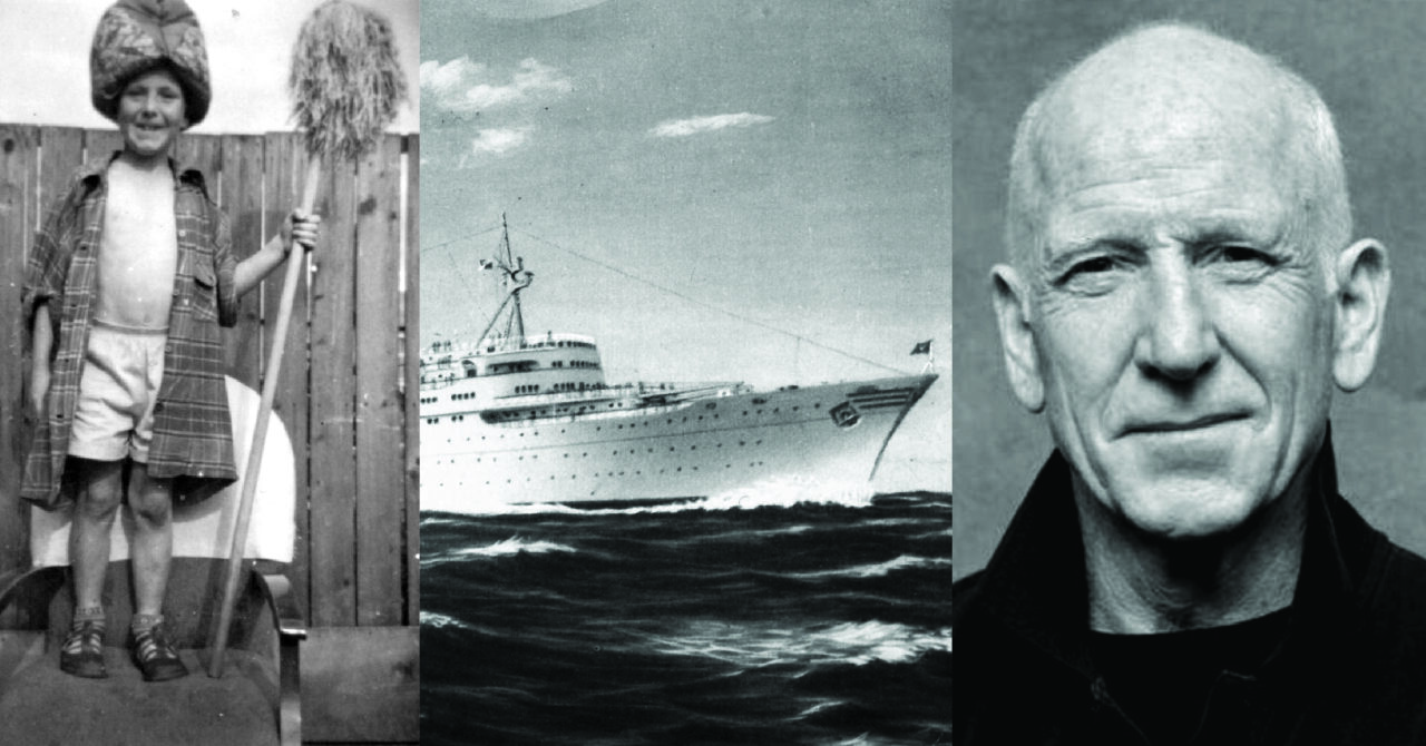 A collage of images: B&W photo of a 5 year-old boy (the writer). Also in the collage is postcard painting of the passenger ship “Fairsky” which brought the writer and his family from Ireland to Australia in 1963. He is bare-chested, wearing his Dad’s shirt, his Mum’s tea-cosy and holding a mop. (taken around 1956). B&W photo of the same person (the writer) now grown up. (circa 2020).