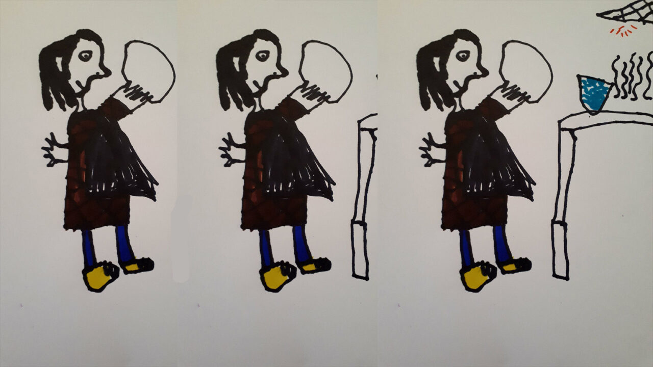 A drawing by a child of a person holding up an egg with a table in front of them.