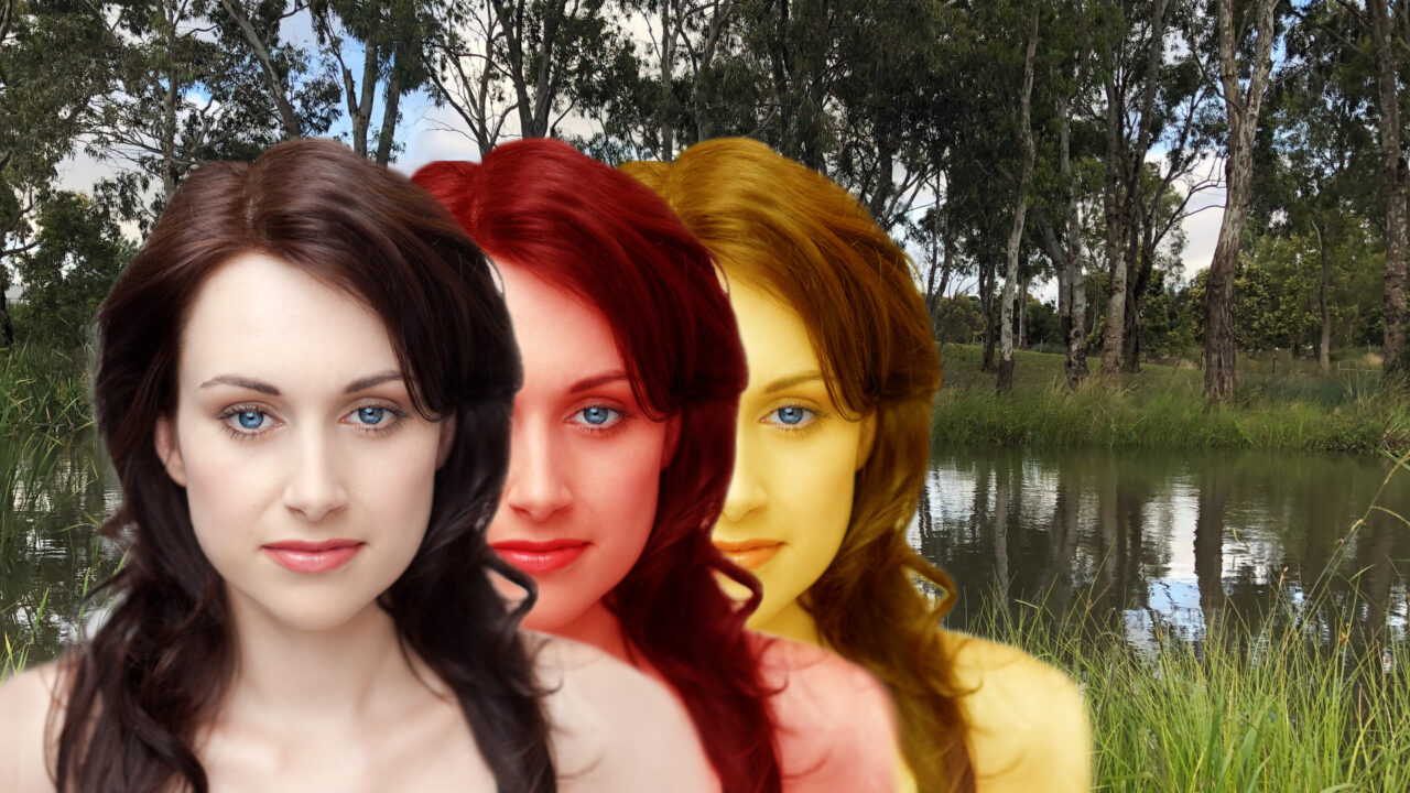 A head of a woman looks straight out at us, she overlaps a second image of herself where she’s now coloured red, and she in turn overlaps a third image of herself but this time now coloured yellow, the red and yellow are suggestive of fire, behind the three faces is a billabong.