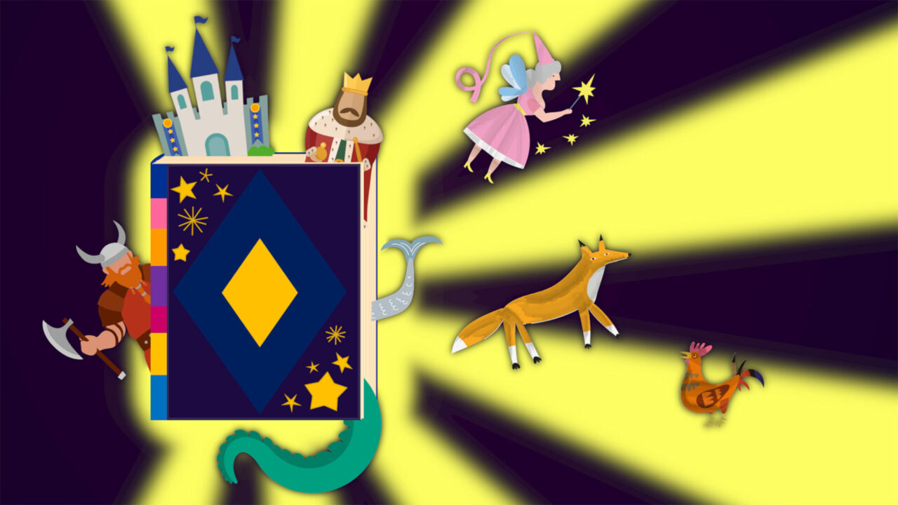 In front of a dark purple background is a blue/purple book, decorated with a yellow diamond and some stars. From between the book’s pages emerge beams of light, along with some a castle, a king, a fairy godmother, a fish tail, a dragon tail, and a viking. Further to the right, there is a jumping fox, and a chicken.