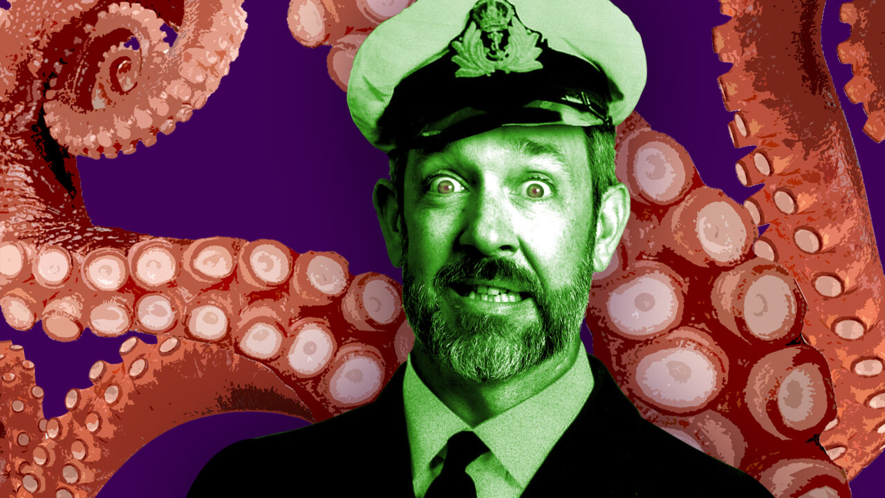 A panicky naval officer with a giant squid in the background.
