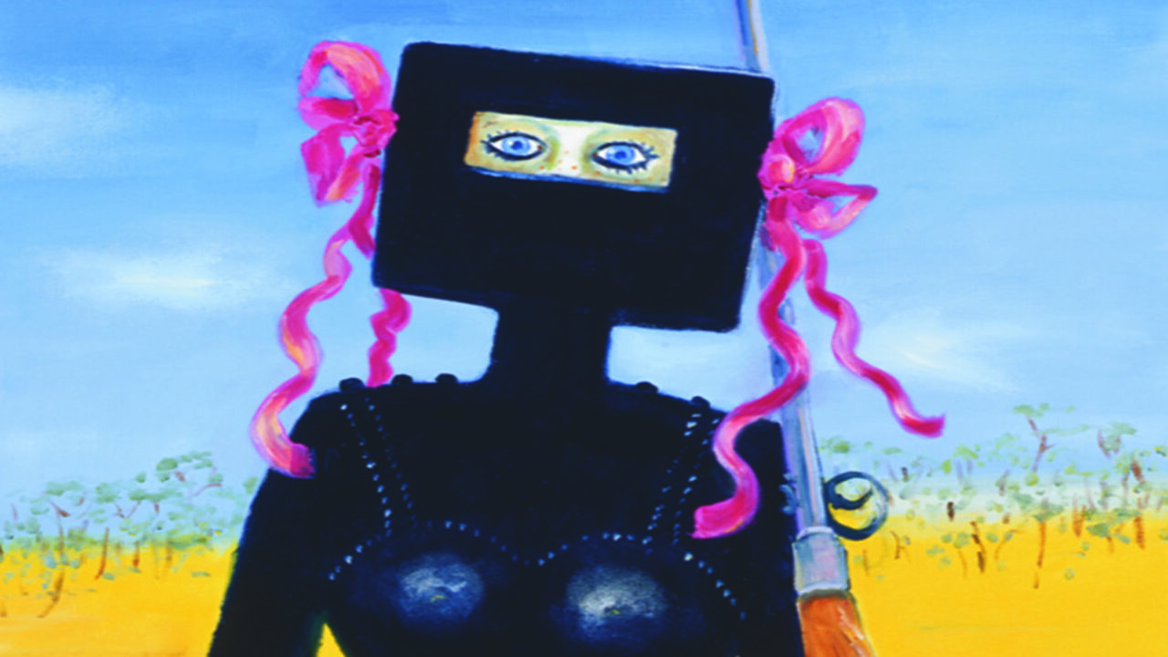 Nellie Kelly is a female Ned Kelly, wearing his famous hand made armour, with a rose in her rifle.