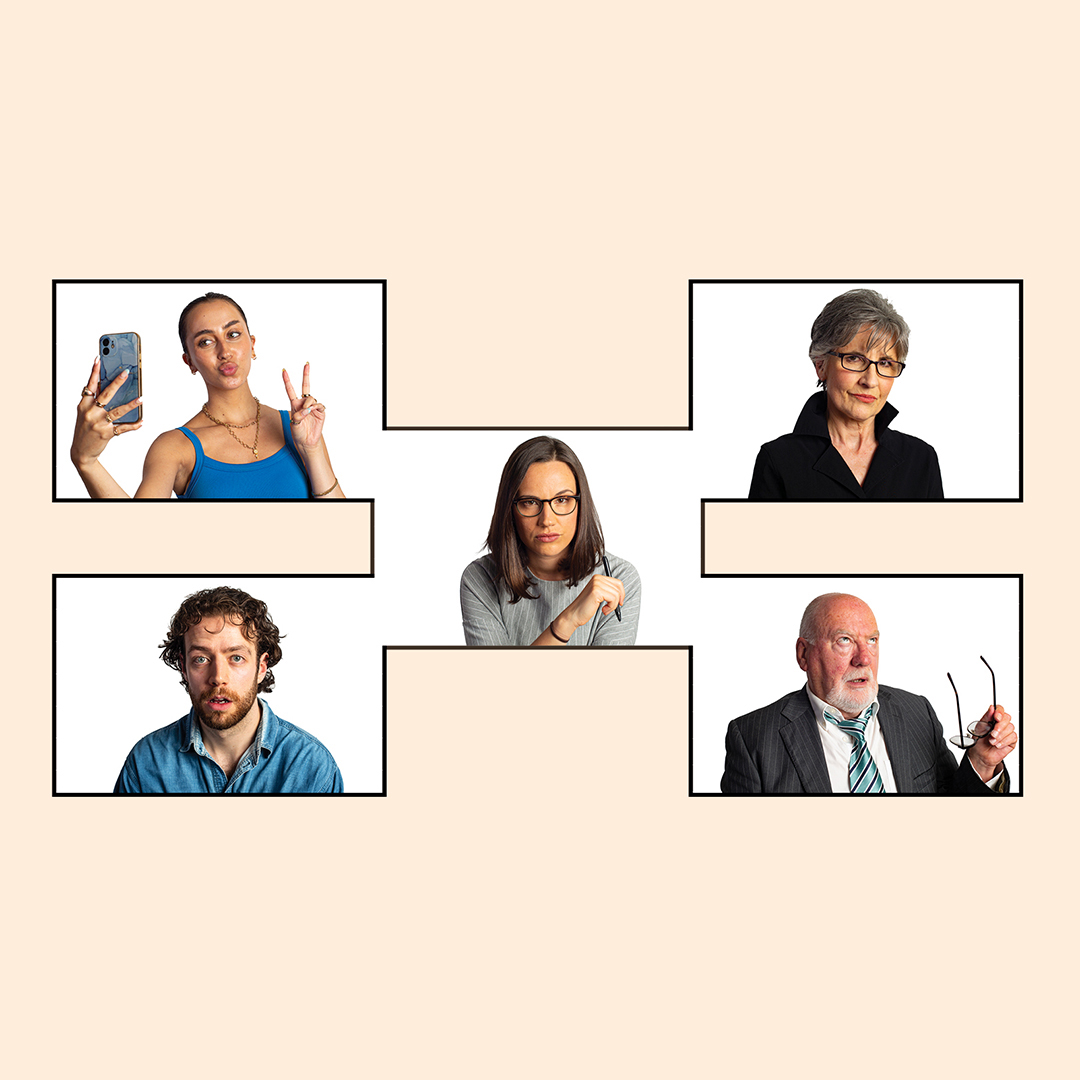 A beige background with five connecting squares with a person in each square on a white background.