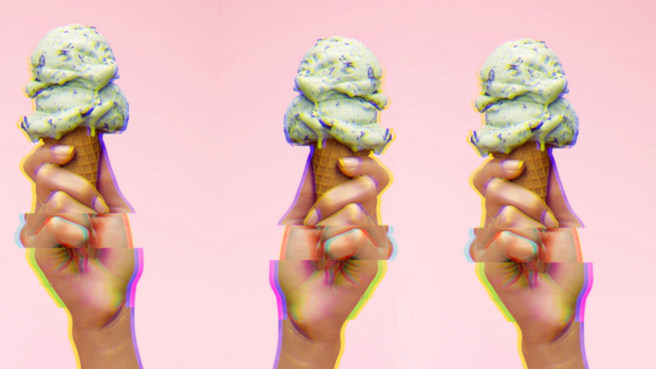 Three identical hands holding a melting mint chocolate chip ice cream, the images are glitching.