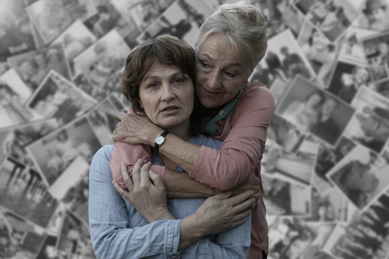 Mother and daughter in a very formal pose with old black and white photos photoshopped into the background.