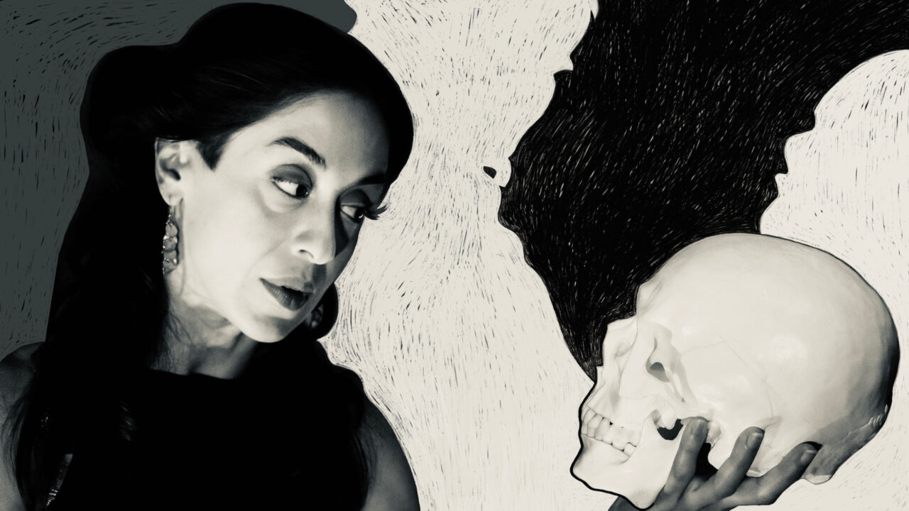 High contrast image of dark haired female of middle eastern background in a black dress holding a human skull
