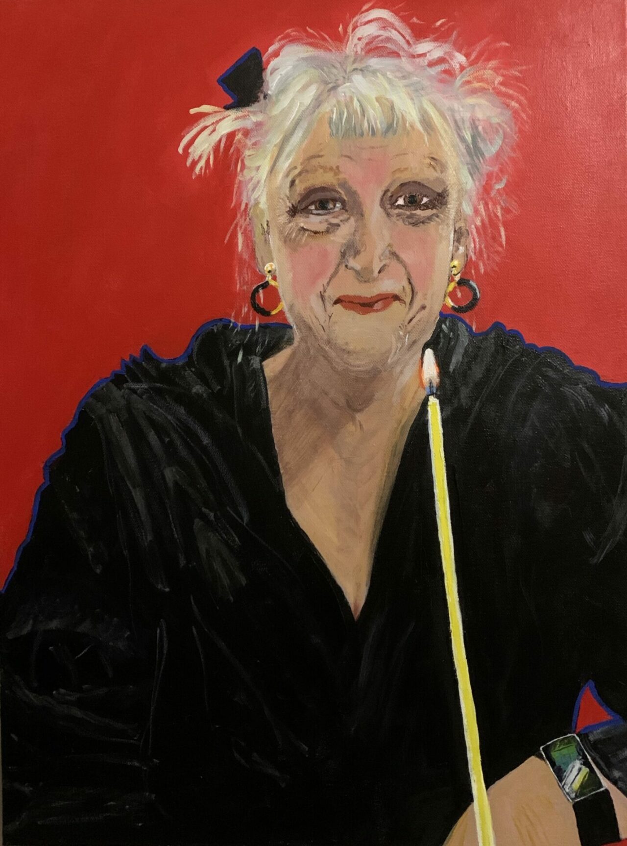 A self-portrait in acrylic on canvas of Jane on her 70th birthday with a birthday candle.