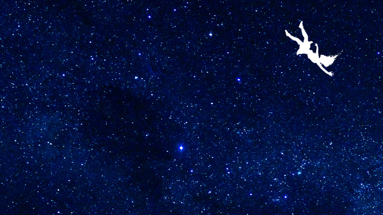 A white silhouette of a woman falling backwards against the starry dark blue expanse of outer space.
