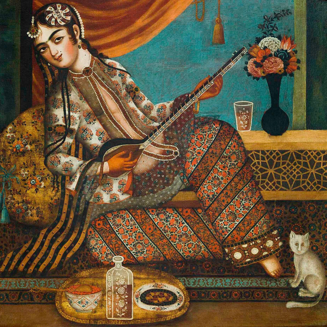 A painting of a woman playing the tar – an Iranian lute, like a long-necked guitar.