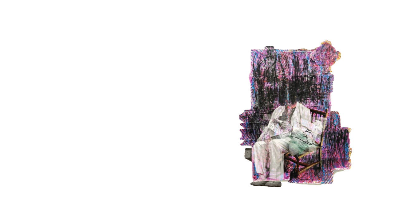Headless man reads a newspaper, sitting on a chair with a mouse next to him, against a messy colourful background.