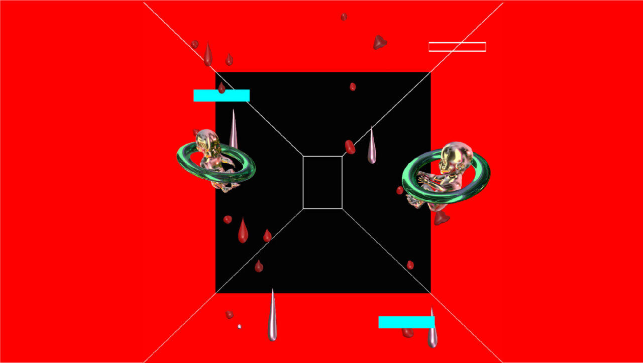 Two babies float with red droplets scattering around in a black and red background.