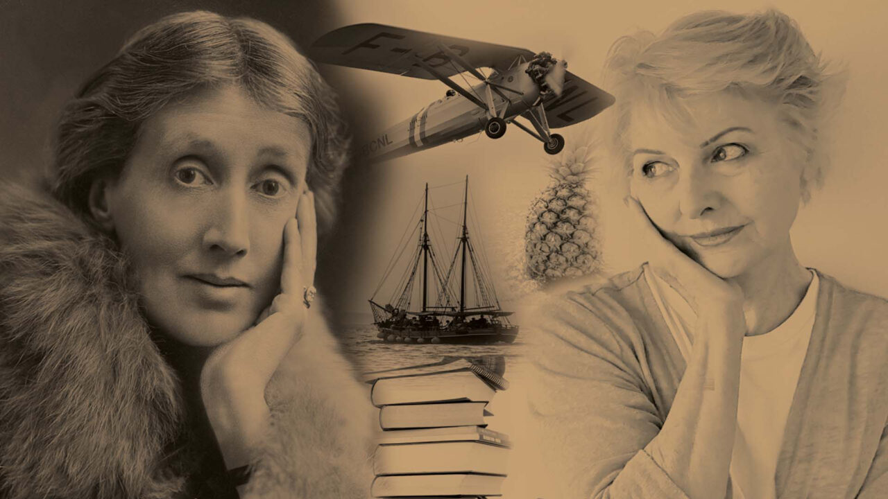 Two women are looking in different directions, between them, are a stack of books, a ship, and a pineapple, and a 1930s airplane. 22 words.
