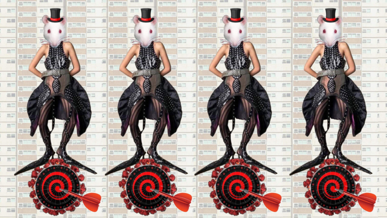 Kovid Rat sranding on a Corona Virus / Spiral Dart Board against the background of High R ise Building